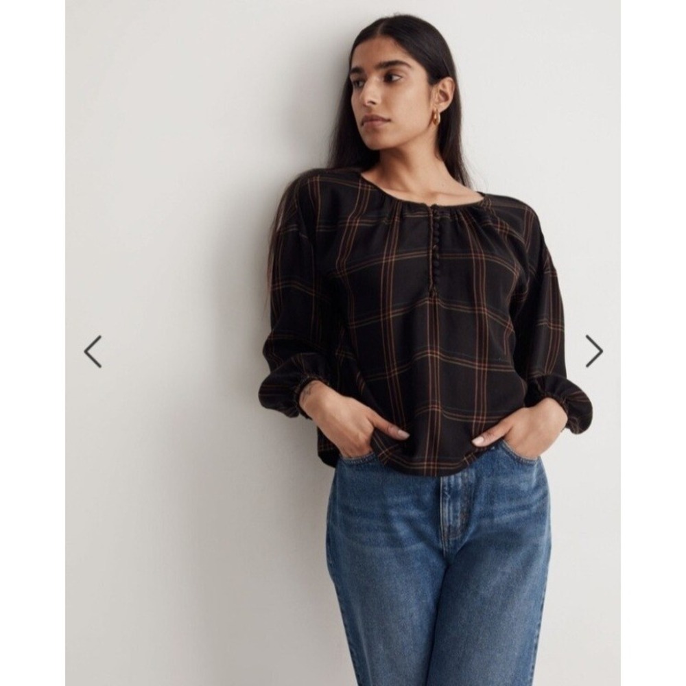 Madewell Women Blouse Wool Blend Peasant Top Size Small Henley Black Plaid